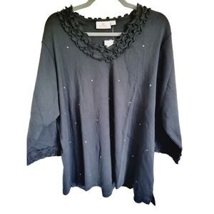 Quacker Factory 2X Black Beaded 3/4 Sleeve V Neck Top Pullover‎ Ruffles NWT